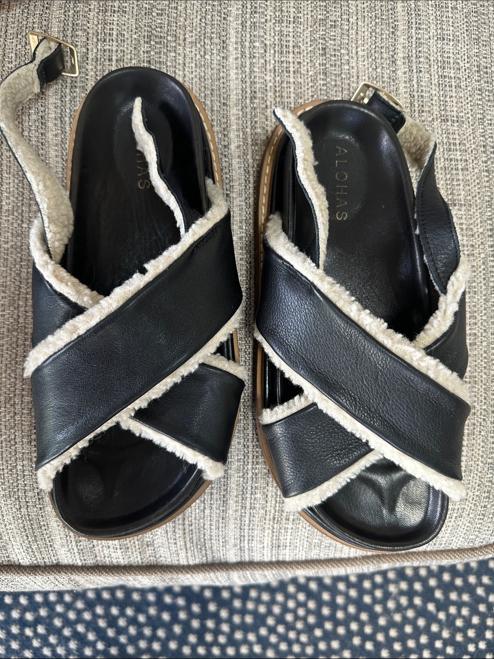 ALOHAS Black Sandals with Cream Shearling Trim